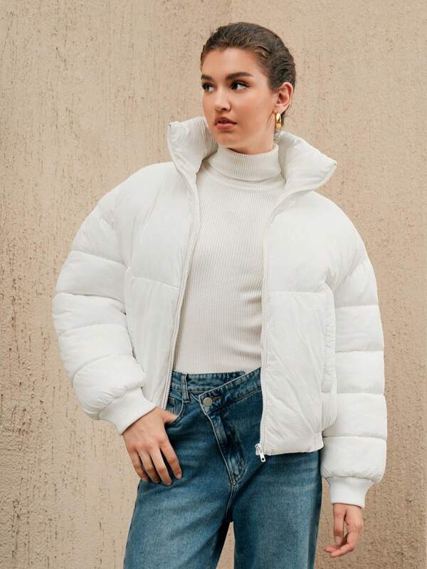 Weiße Oversized Pufferjacke mit Reißverschluss