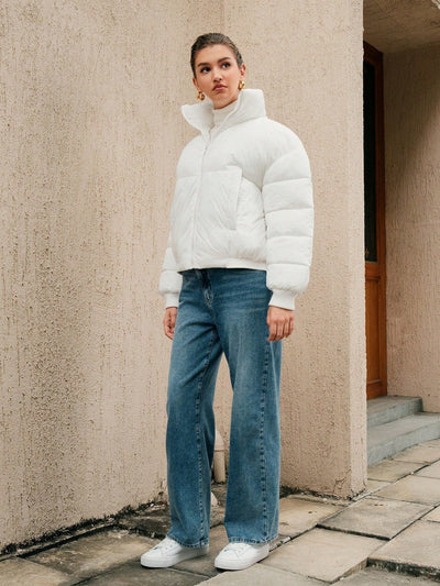Weiße Oversized Pufferjacke mit Reißverschluss
