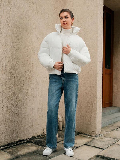 Weiße Oversized Pufferjacke mit Reißverschluss